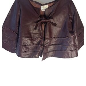 Vtg Burgundy Red Suede Soft Leather Women Tie Cropped Jacket Unique Biker Motto